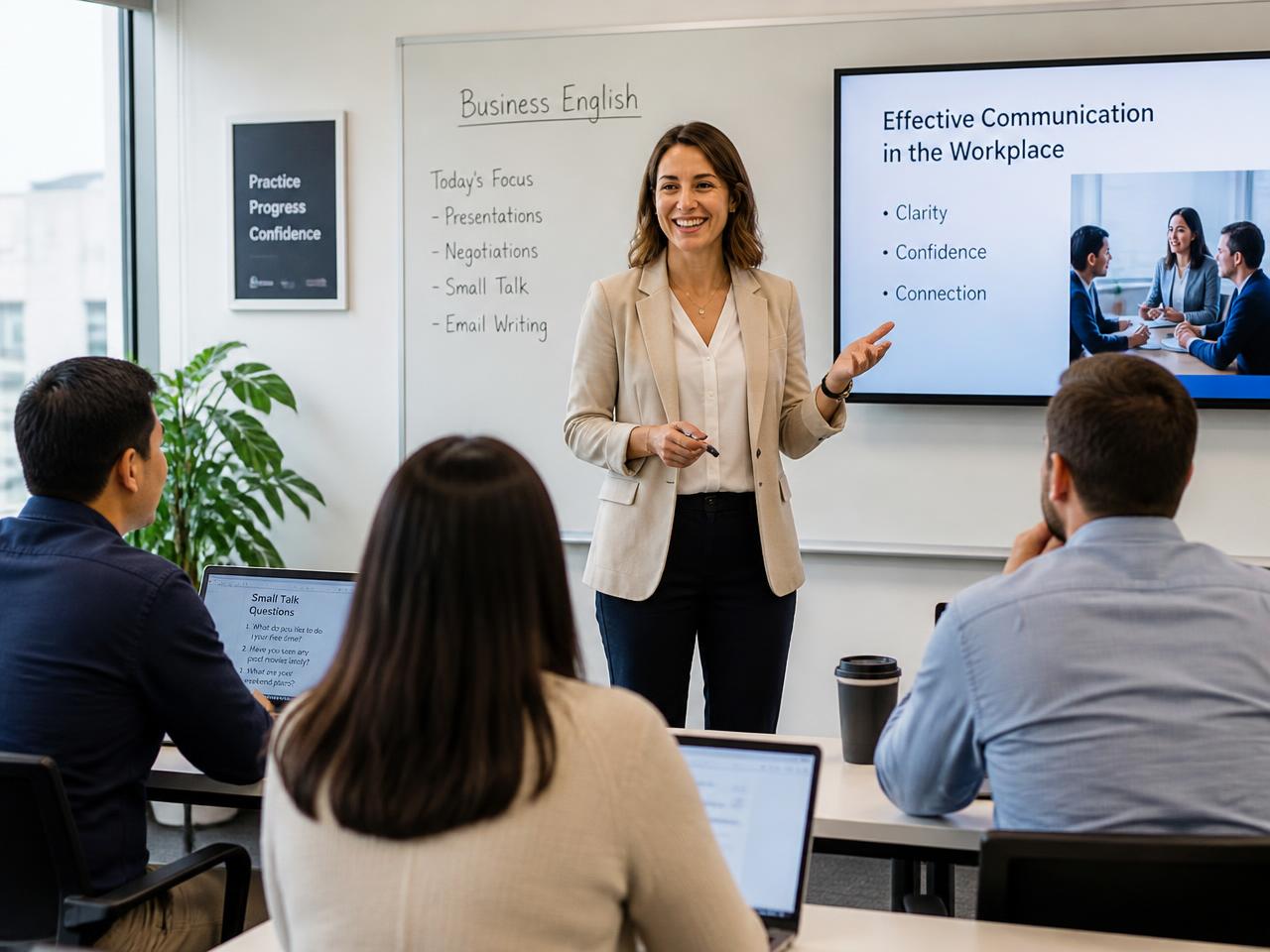 Instructor teaching a business English class to adult professionals